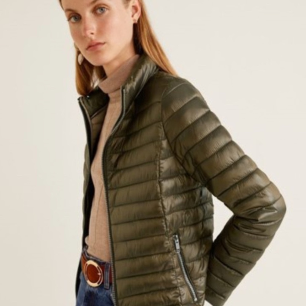 Mango Fashion Zip Front Green Puffer Jacket